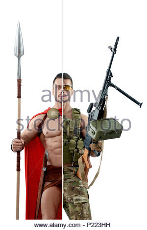 comparison-of-ancient-and-modern-warriors-outfit-modern-soldier-wearing-pixel-khaki-colored-military-uniform-and-keeping-firearm-machine-ancient-spartan-wearing-red-cape-and-holding-a-spear-p223hh